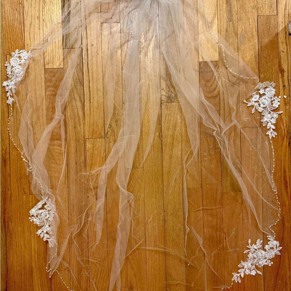 Elegant Ivory Bridal Veil with Lace Appliqué